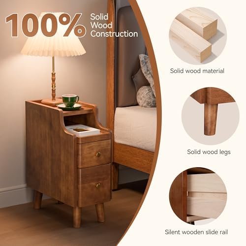 Nightstand, Pre-Assembled, 19.7“H Solid Wood Night Stand with 2 Drawers, Open Sliding Shelf, Mid Century Modern Small Bedside Table for Bedroom, Walnut 8"
