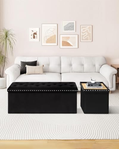 B FSOBEIIALEO Storage Ottoman Bench, 43" Velvet Ottoman With Storage, Black