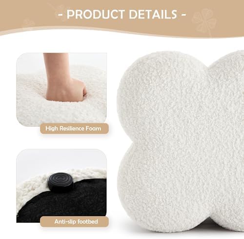 White Sherpa Ottoman Set of 2, Small Vanity Stool, Modern Footstool