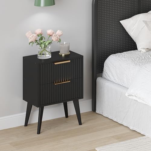 YAUKOMEL Fluted Nightstand with 2 Drawers,Black Bedside Table