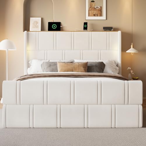 LARMACE 55.1" Tall Headboard Queen Size Bed Frame, 2 Reading Lights, Beige