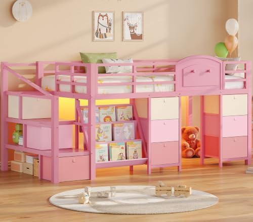 Low Loft Bed Twin Size with 9 Storage Drawers, Bookcase and LED Lights, Metal Kids Loft Bed with Wide Staircase, Open Shelves and Safety Guardrail, Twin Loft Bed with Under-Bed Playhouse, Pink