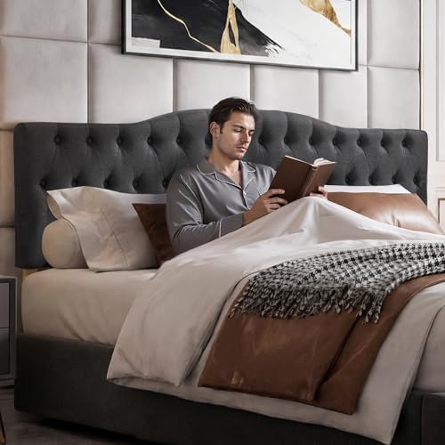 Iroomy Upholstered Full Headboard, Button Diamond Tufted Headboard with Adjustable Height and Solid Wood Leg, Velvet Padded Headboards for Full Size Bed, Modern Head Board, Dark Grey