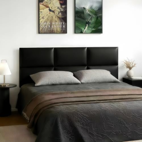 Black Stick-On Wall Mounted Headboard - 6-Piece Modular Bed Backboard for Queen Size Beds, 24 x 12 Inches Each, Easy-to-Install, Sound-Proofing, and Decorative Bed Headboard for Modern Bedrooms