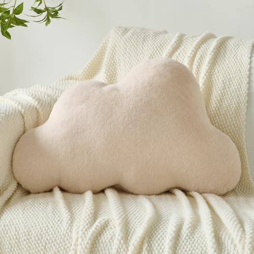 Cloud Pillows, Decorative Throw Pillow with Soft Plush for Couch Bed, Cloud Shaped Pillow Room Decor with Fluffy Faux Rabbit Fur for Living Room Bedroom (Beige, 14.5x22.4 Inches)