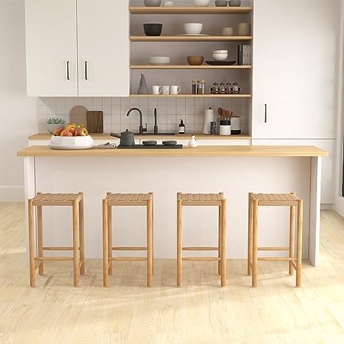 GIANTEX 26" Counter Height Wood Bar Stools Set of 2, Boho Rattan Barstools, Max Load 330 Lbs, Armless Saddle Kitchen Stools, Backless Wicker Bar Stools for Kitchen Counter Indoor Outdoor
