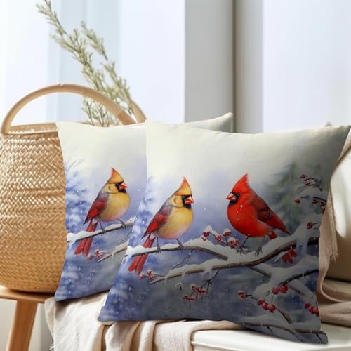 Cardinal Birds Throw Pillow Cover Winter Sweet Bird Pillowcase 18x18 Inch Set of 2 Christmas Holiday Cushion Covers for Home Patio Sofa Bedroom Decor