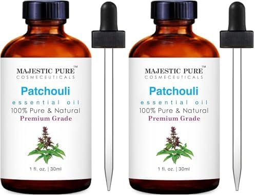 Majestic Pure Essential Oil with Glass Dropper - 100% Pure and Natural - Essential Oils for Diffuser, Aromatherapy, Soap and Candle Making, Patchouli Essential Oil, Patchouli Oil, 1 Fl Oz (Pack of 2)