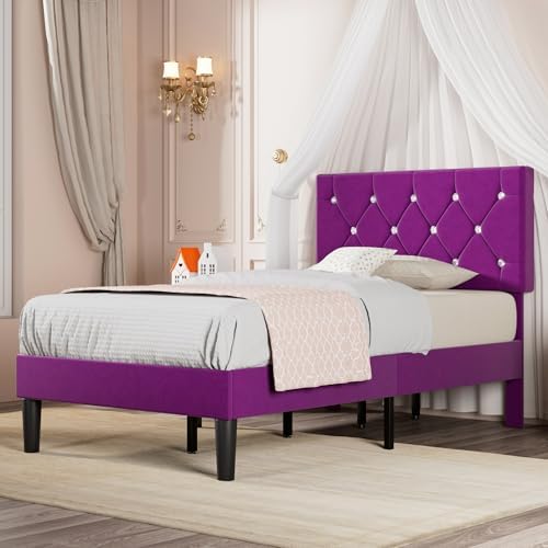 VECELO Twin Size Bed Frame with Diamond Tufted Headboard, Upholstered Platform Bedframe with Wood Slat Support, No Box Spring Needed, Royal Purple