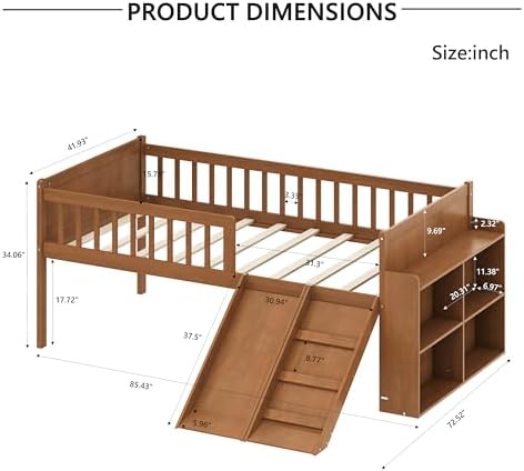 SOFTSEA Twin Size Low Loft Bed with Slide and Guardrails, Wood Loft Bed Frame with Storage Shelves for Kids, Natural