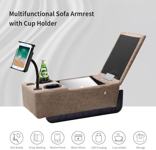 Removable Sofa Armrest, Dual Cup Holders Large Size Multifunctional Couch Caddy Storage Arm Rest with Power Wireless Charging Stand & LED Reading Light for Sofa Middle Seat Parts
