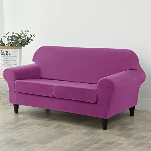 OBCREAT 3 Pieces Sofa Slipcover Stretch Velvet Sofa Covers for 2 Cushion Couch Loveseat Covers Soft Couch Cover with Elastic Bottom Non Slip Furniture Protector for Pets Kids (Purple, Medium)