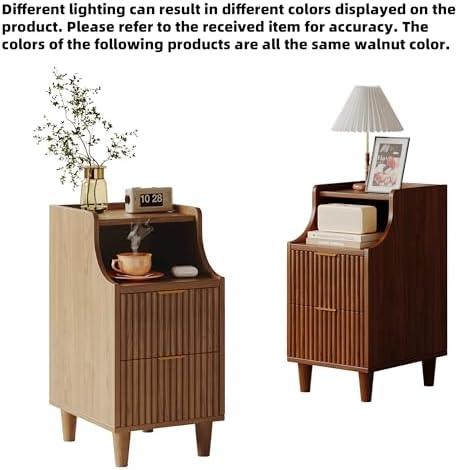 Narrow Nightstand Set of 2,11.8" Fluted Bedside Table Set of 2, Slim Side End Table with 2 Drawers, Wooden Bedside Table, Mid Century Modern Night Stand for Bedroom Livingroom Sofa Office