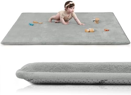 Baby Play Mat for Floor,Extra Large 59"×71" Playpen Mat for Tummy Time,Thicker Padded Elasti Foam Activity Mats,Water Repellent Ultra Soft Velvet,Non-Slip Backing Safe for Crawling(Light Grey)
