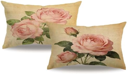 Decorative Romantic Rose Flower Pillow Cover Vintage Shabby Chic Peach Pink Rose Floral Rectangular/Waist Cushion Cover Cotton Linen Pillowcase for Sofa Bedroom Car 12x20 Inch Set of 2 (12”×20”)