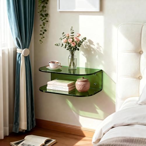 Acrylic Floating Nightstand, Wall Mounted Bedside Table Shelf (Green, 15.7”×9.4“×5.9”)