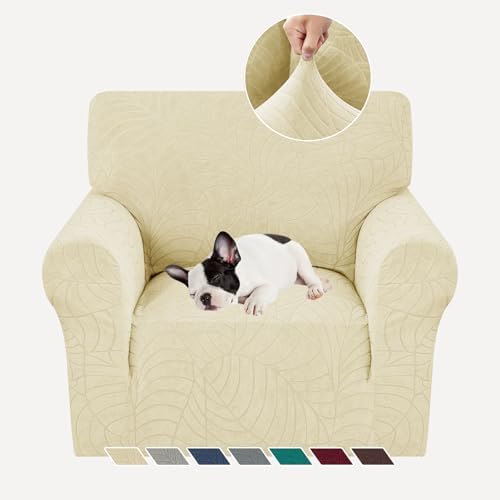 YEMYHOM Couch Cover Latest Jacquard Design High Stretch Sofa Chair Covers for Living Room, Pet Dog Cat Proof Armchair Slipcover Non Slip Magic Elastic Furniture Protector (Small, Begonia Leaf Beige)