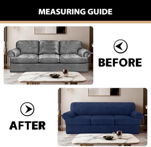 4 Piece T Cushion Sofa Slipcovers Stretch Couch Slip Cover for 3 Cushion Couch Sofa, Machine Washable for Living Room (Navy, 3 Cushions)