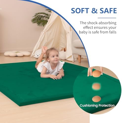 Huloo Sleep Ultra Soft Baby Play Mat for Floor, 1.3" Thick Elasti-Foam 65x50 Play Mat for Playpen,Water-Repellent Coral Velvet for Tummy Time, Non-Slip Backing,Safe for Toddlers & Infants（Dark Green)