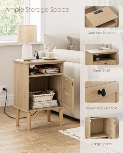 Nightstand with Charging Station, Boho Night Stand with 1 Drawer, Modern Side Accent Table with Open Shelf, Wooden Top Bedside End Table for Bedroom, Living Room, Natural