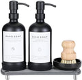 [Luxury] Kitchen Soap Dispenser Set - 16OZ Black Glass Bottle, Stainless Steel Pump, Instant Dry Tray, Waterproof Labels, Non-Slip Silicone Pad, and Dish Brush | Upgrade for Your Kitchen and Bathroom