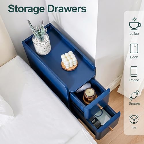 Narrow Nightstand Set of 2, Wooden Small 2 Drawer Nightstand, Slim Side End Table, Skinny Bedside Table, Mid Century Modern Night Stand with Drawers for Bedroom (Blue-2 pcs)