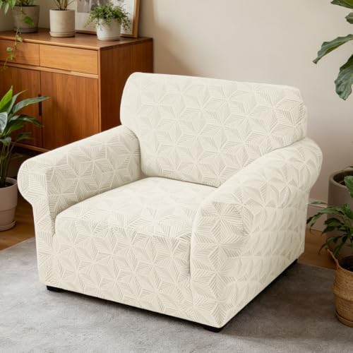 ZNSAYOTX Stretch Chair Cover, 1 Piece Couch Covers for 1 Seat Sofa, Jacquard Armchair Slipcovers with Elastic Bottom Thickened Furniture Protector for Dog Cat Pet (Small, Beige)