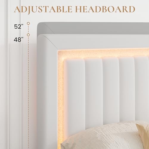 SHA CERLIN Queen Size Velvet Bed Frame with LED Light, White