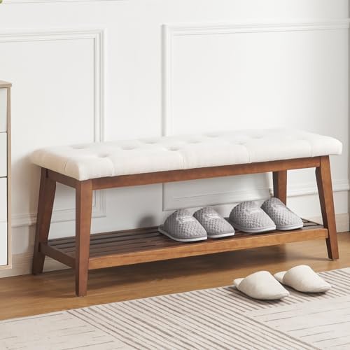 kinkinmars Entryway Bench with Shoe Rack, 42.5" Bedroom Bench, Beige