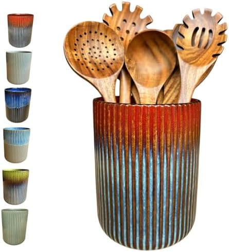 Large Stoneware Kitchen Utensil Holder for Kitchen Counter & Countertop Cooking Utensil Holder Spatula Holder Utensil Crock for Kitchen Counter Vertical Ribbed Fluted Stripe (Retro Red)