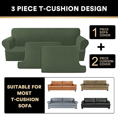 PrinceDeco T Cushion Sofa Slipcover 3 Pieces for Sofa, Soft Couch Cover, Furniture Covers with 2 Individual T Cushion Shape Seat Covers Width Up to 88 Inch, Washable, Bronze Green