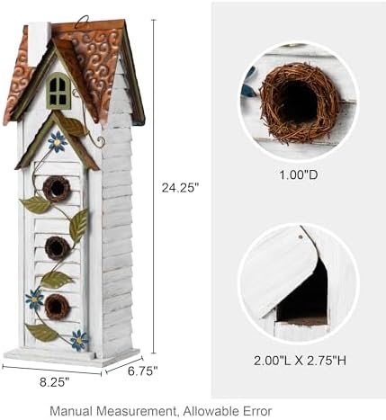 Glitzhome Bird Houses for Outside,Hand Painted Hanging Bird House for Outdoors, 24.25" H Oversized 3-Tiered Villa Decorative Wooden Bird Houses Large Birdhouse for Garden, Washed White