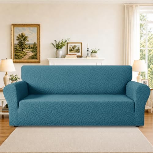 ZNSAYOTX 1 Piece Stretch Sofa Covers for 3 Cushion Couch (72"-90"), New Plaid Couch Cover with Non-Slip Buckle for Dog Pets, Ultimate Soft Cozy Washable Sofa Slipcover Form Fit Protector, Teal
