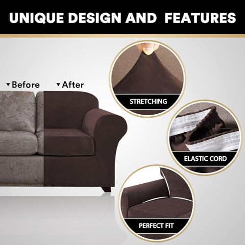 PrinceDeco Velvet Couch Covers for Sofa Soft 4 Pieces Couch Covers for 3 Cushion Couch Sofa Pet Friendly Furniture Protector with Non Slip Elastic Bottom Width Up to 97 Inch (Large Sofas, Brown)