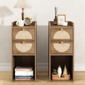 Narrow Nightstand Set of 2 (Rattan & Wood) - Small Bedside Table with 2 Drawers, Open Shelf, Mid Century Modern End Table - for Bedroom, Living Room & Small Spaces, Rustic Oak Rattan