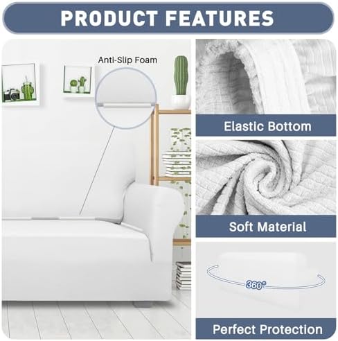 JIVINER High Stretch Couch Covers for 3 Cushion Couch 1-Piece Jacquard Elastic Sofa Slipcovers Anti Slip Sofa Cover with Elastic Bottom Furniture Protector for Kids Pets (Sofa, White)