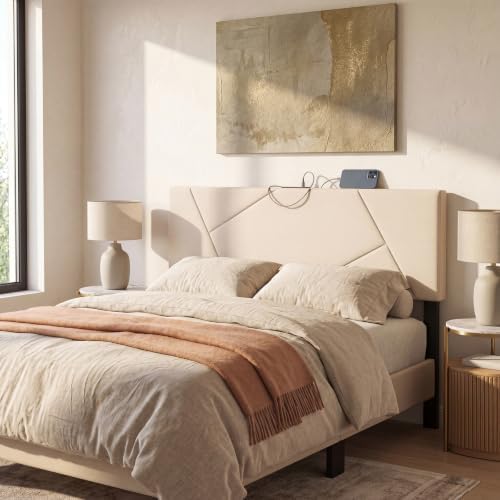 KOMFOTT Upholstered Full/Queen Headboard with Charging Station, Beige