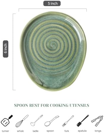 Ceramic Spoon Rest for Stove Top, Spoon Holder for Kitchen Counter, Farmhouse Cooking Utensil Holder for Spoons, Ladles, Spatula, Glazed Green