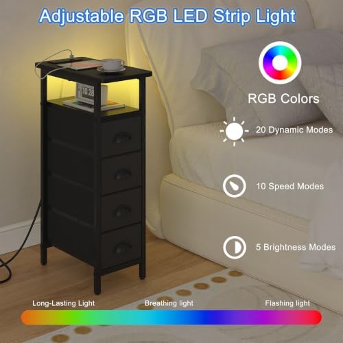 sthmec Side Table with Charging Station, Narrow End Table with 4 Drawers, LED Nightstands with Fabric Drawers,Slim Sofa Couch Side Tables for Small Spaces,Living Room,Bedroom, Black