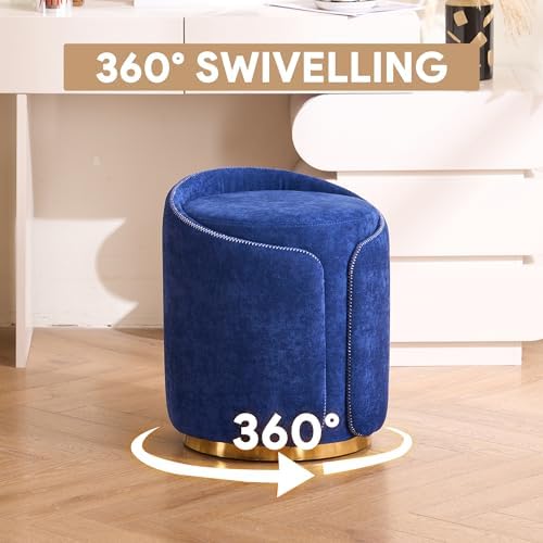 Swivel Vanity Stool with Back Comfy Vanity Chair with Gold Base Modern Round Stool for Makeup Vanity Ottoman Foot Rest for Bedroom livingroom (Navy)