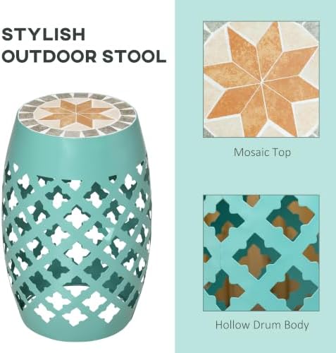 Outsunny Decorative Outdoor Stool, 12" Round Patio Side Table, Mosaic Blue