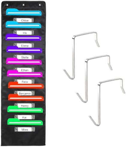 Pocket Chart for Classroom, Storage File Folders Pocket Chart with 10 Nametags Pockets, Hanging Wall File Organizer with 3 Over Door Metal Hangers Pocket Charts Organizer for School Office Mailbox