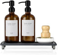 2 Pack Kitchen Soap Dispenser Set - 16oz Amber Glass Dish and Hand Soap Dispenser with Stainless Steel Pump, Instant Dry Tray, Dish Brush & Holder, Refillable Countertop Sink Decor for Kitchen & Bath