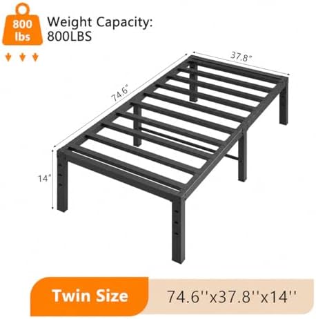 VINGLI 14 Inch Twin Bed Frame, Heavy Duty Metal Platform, No Box Spring Needed, Sturdy Steel Slat Support, Easy Assembly, Noise-Free, 12.4 Inch Underbed Storage,Black
