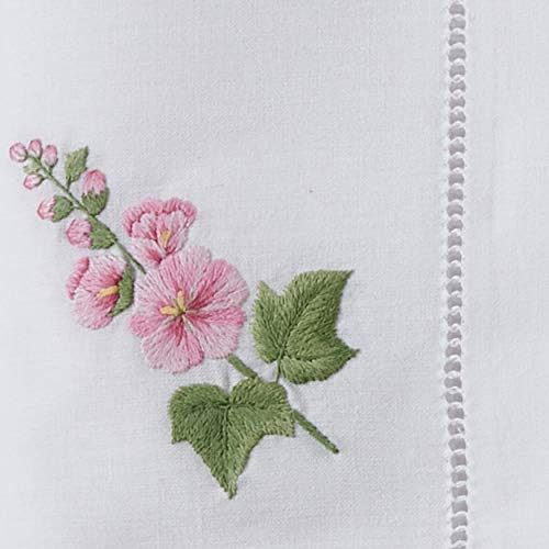 Handmade Hollyhock Embroidery Napkin with Hemstitched Border (Set of 6)