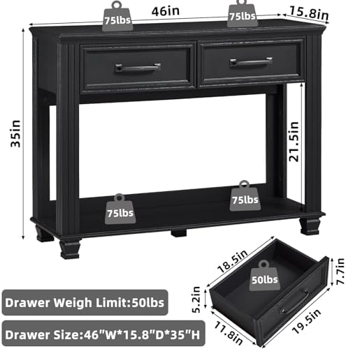 SAVOR LIFE 46" Farmhouse Console Table with Drawers, Black Entryway Table