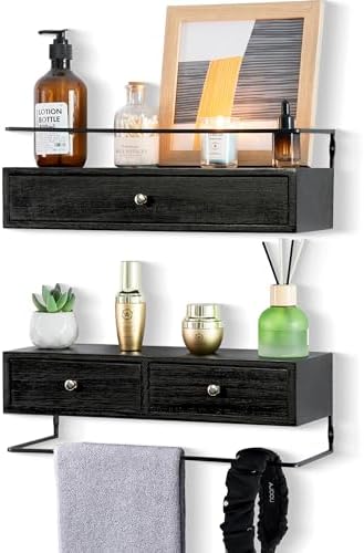 Floating Shelves With Drawers Set of 2, Wall Mounted Storage for Bathroom