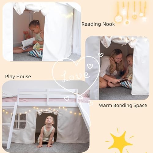 Spirich Solid Wood Kids Twin Loft Bed with Slide and Under-Bed Play Curtain