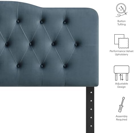 Modway Annabel Performance Velvet Adjustable Full Headboard in Cadet Blue - Stain-Resistant Padded Headboard Only with Diamond Button Tufting and 7 Height-Adjustable Positions