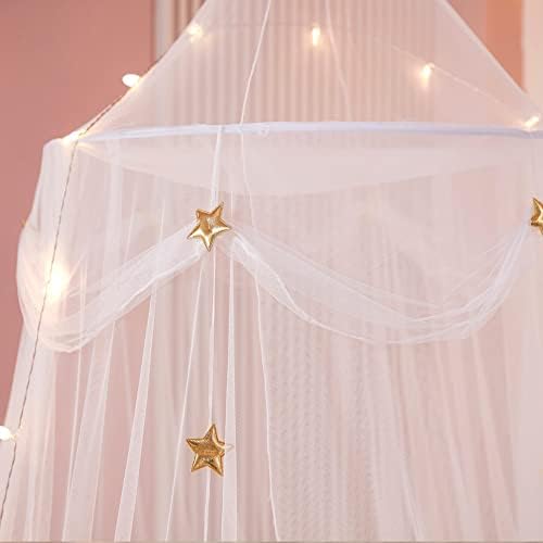Bed Canopy with Lights for Girls,Gold Star Princess Crib Canopy Curtains,Extra Large Dome Mosquito Net Reading Nook Canopy for Kids Boys Twin Full Queen Size Bed,Fire Retardant Fabric
